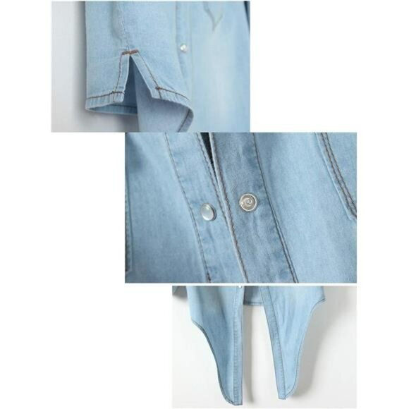 Womens Chambray Tie Front Crop Top Denim Shirt 34 Sleeve Button Down - Picture 6 of 7